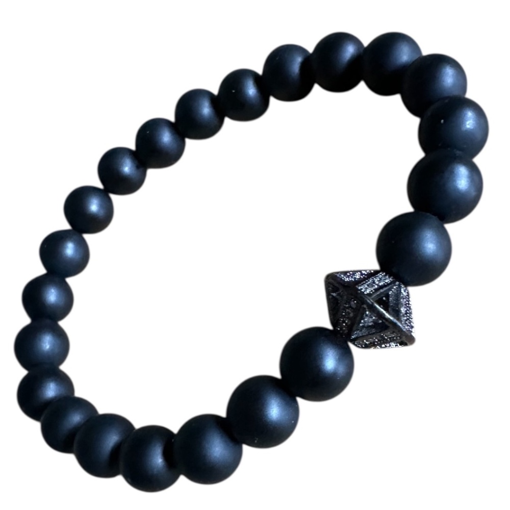 Matte 8mm Onyx Stretch Bracelet w/ Black Pave Crystal Saucer Spacer